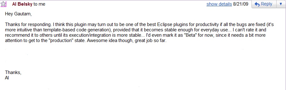 feedback on Fast Code Eclipse Plugin